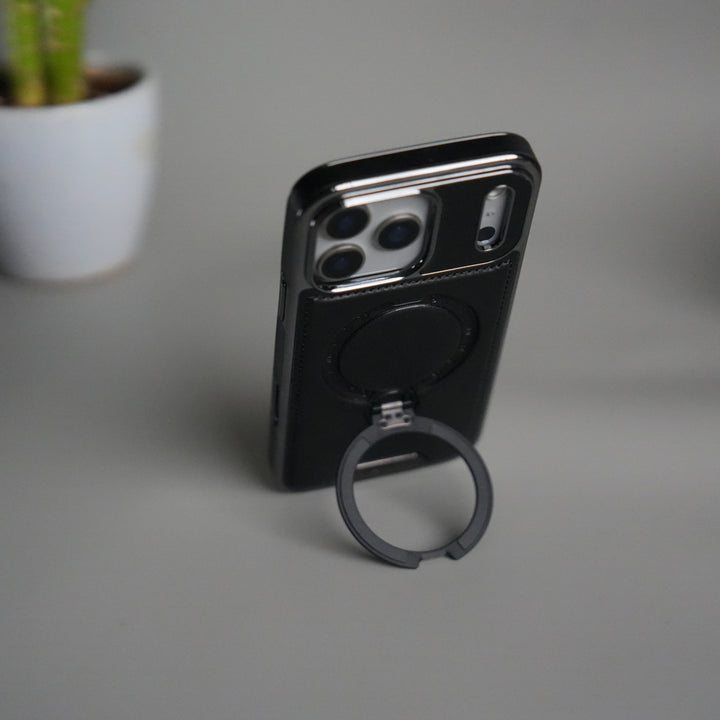 iPhone 17 Pro Luxury Leather Magnetic Ring Case | Metal Kickstand Cover with Chrome Frame