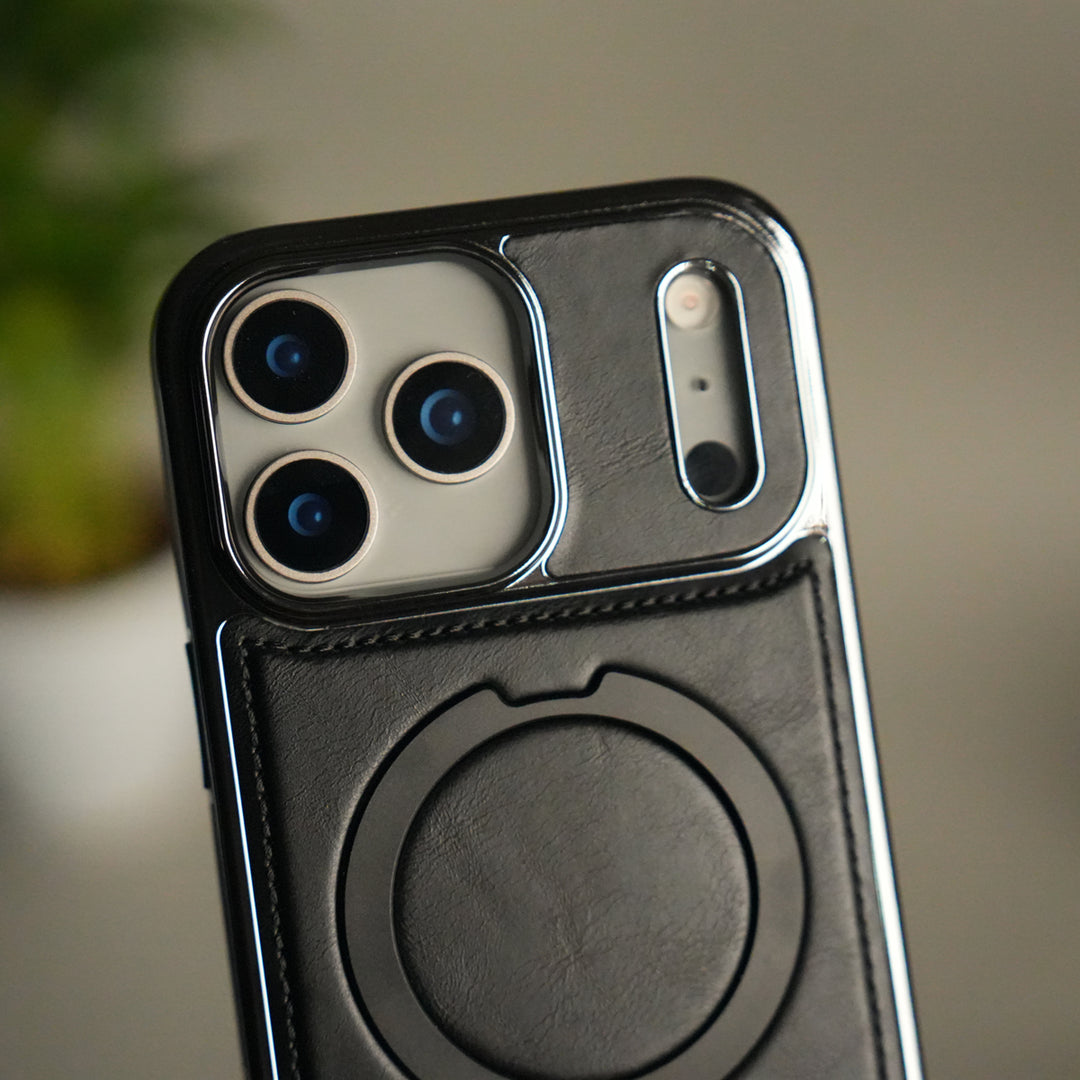 iPhone 17 Pro Luxury Leather Magnetic Ring Case | Metal Kickstand Cover with Chrome Frame