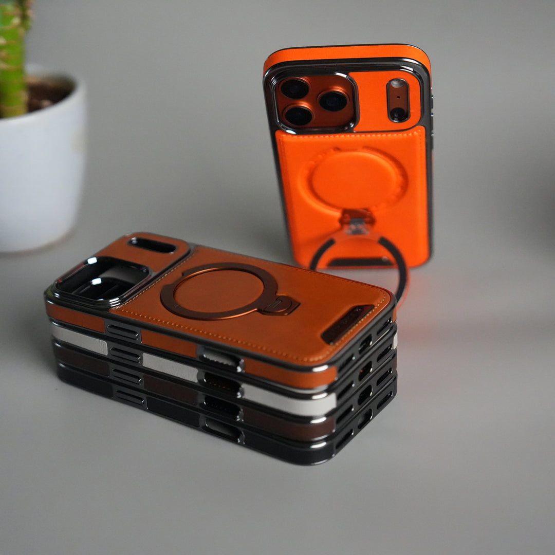 iPhone 17 Pro Luxury Leather Magnetic Ring Case | Metal Kickstand Cover with Chrome Frame