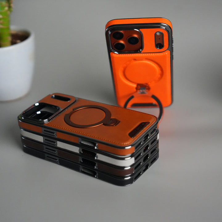 iPhone 17 Pro Luxury Leather Magnetic Ring Case | Metal Kickstand Cover with Chrome Frame