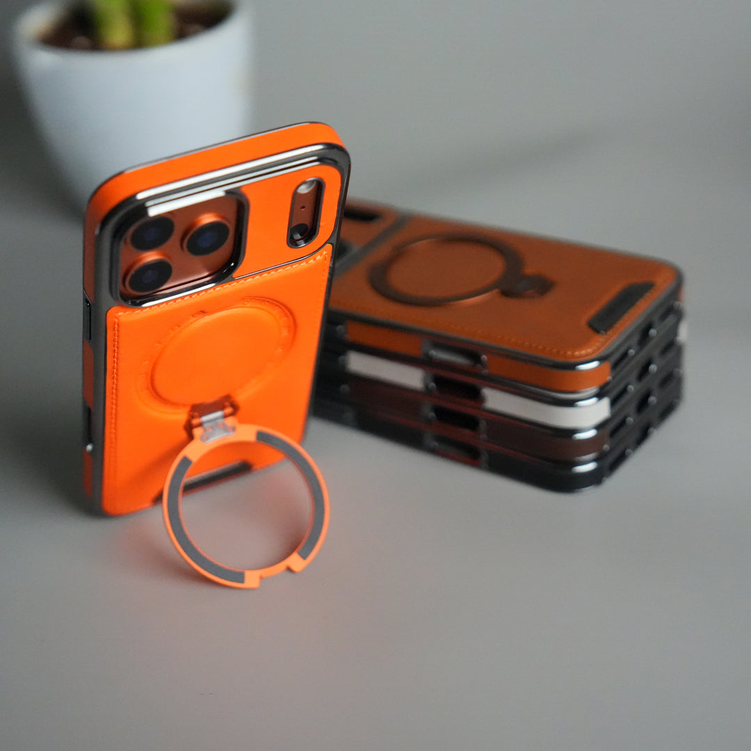 iPhone 17 Pro Luxury Leather Magnetic Ring Case | Metal Kickstand Cover with Chrome Frame
