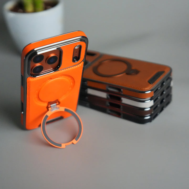 iPhone 17 Pro Luxury Leather Magnetic Ring Case | Metal Kickstand Cover with Chrome Frame