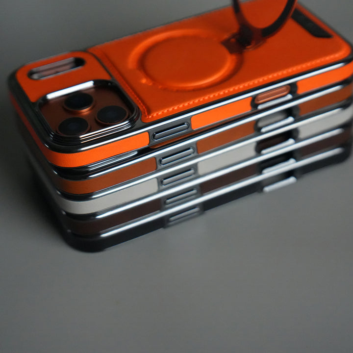 iPhone 17 Pro Luxury Leather Magnetic Ring Case | Metal Kickstand Cover with Chrome Frame