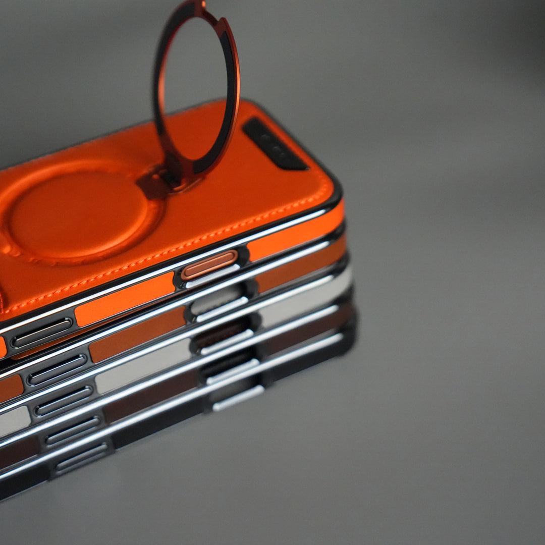 iPhone 17 Pro Luxury Leather Magnetic Ring Case | Metal Kickstand Cover with Chrome Frame