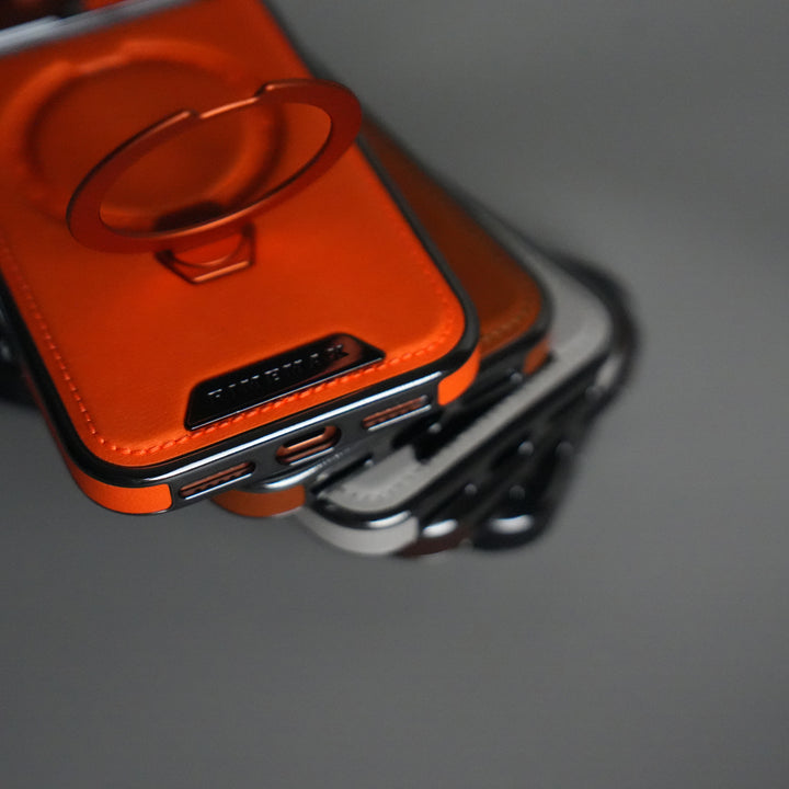iPhone 17 Pro Luxury Leather Magnetic Ring Case | Metal Kickstand Cover with Chrome Frame