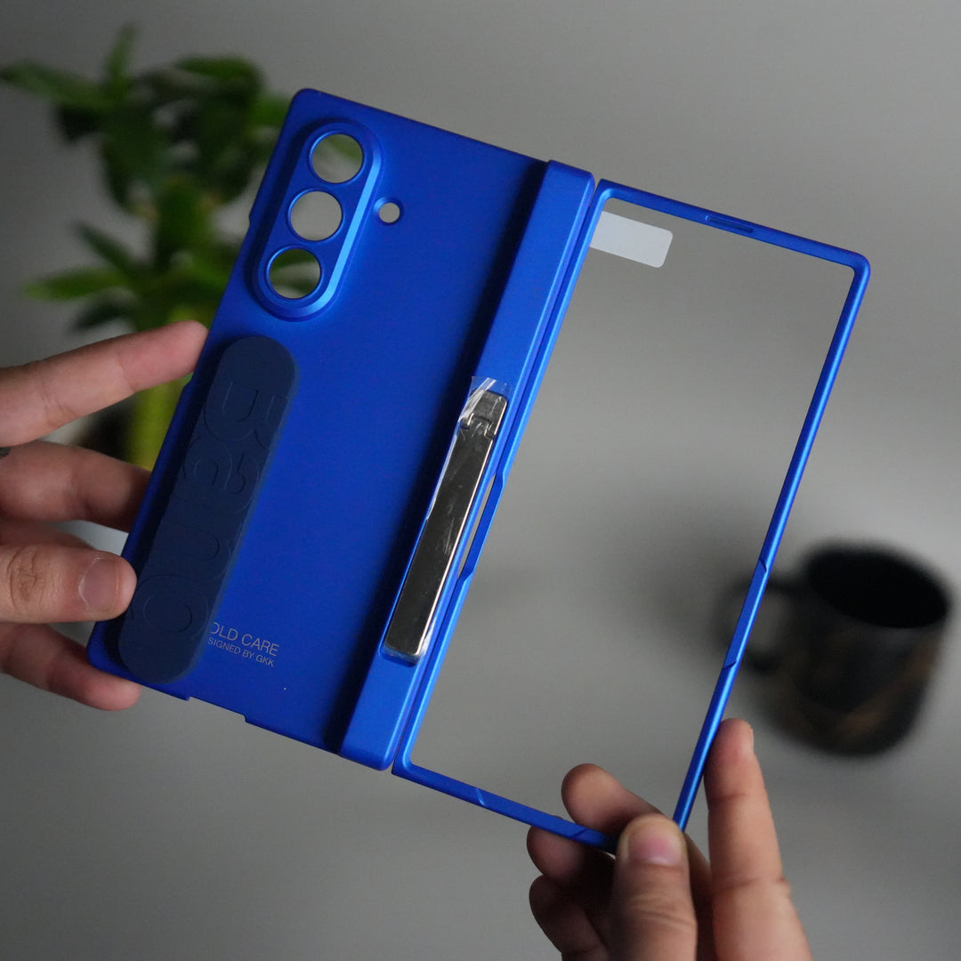 Galaxy Z Fold 7 Silicone Band Holder Case with Front Glass | Matte Hard Cover with Kickstand Grip