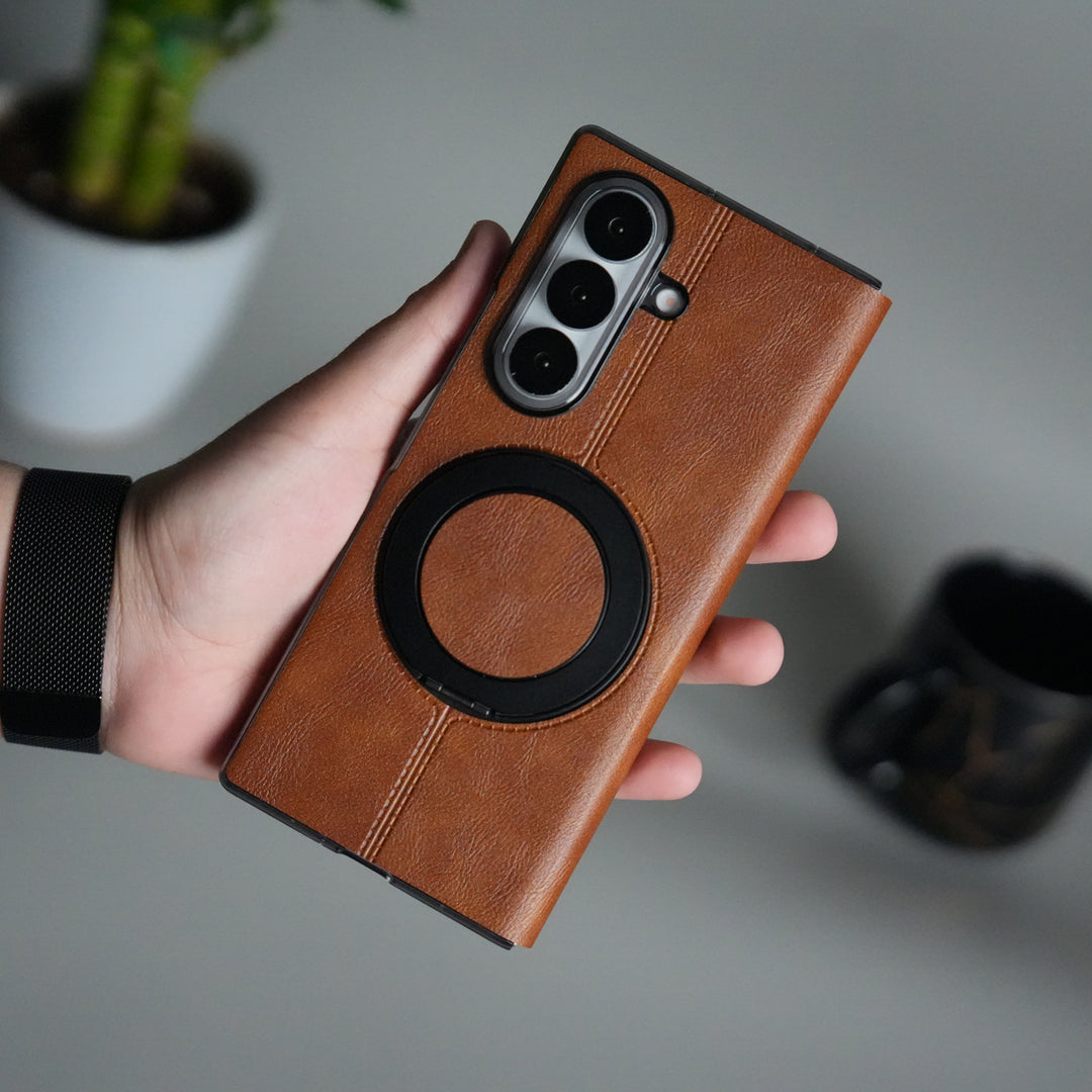 Galaxy Z Fold 7 Luxury Leather Rotating Ring Stand Case