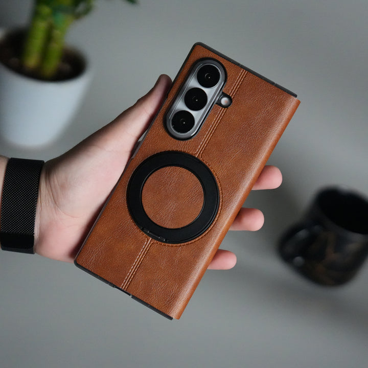Galaxy Z Fold 7 Luxury Leather Rotating Ring Stand Case
