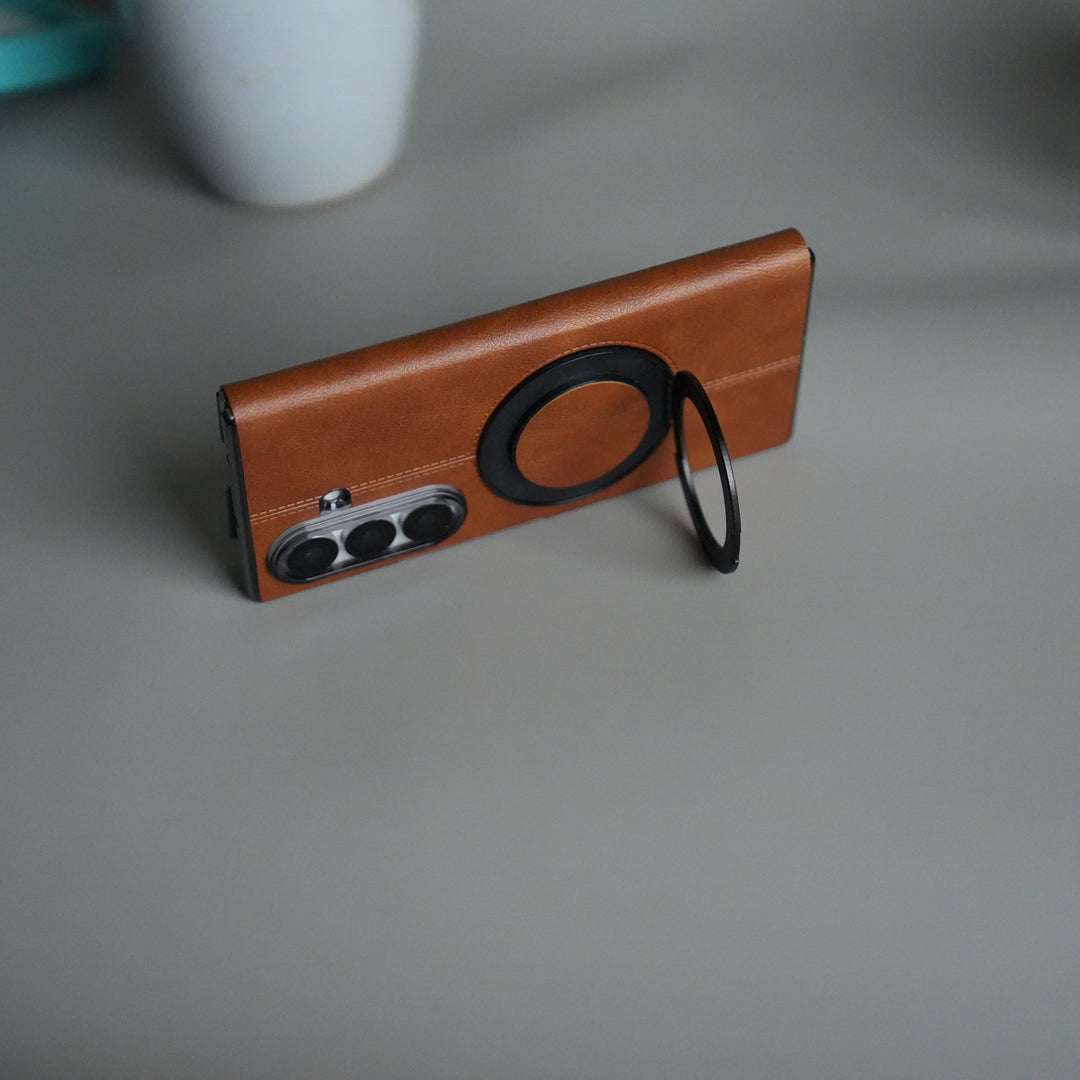 Galaxy Z Fold 7 Luxury Leather Rotating Ring Stand Case