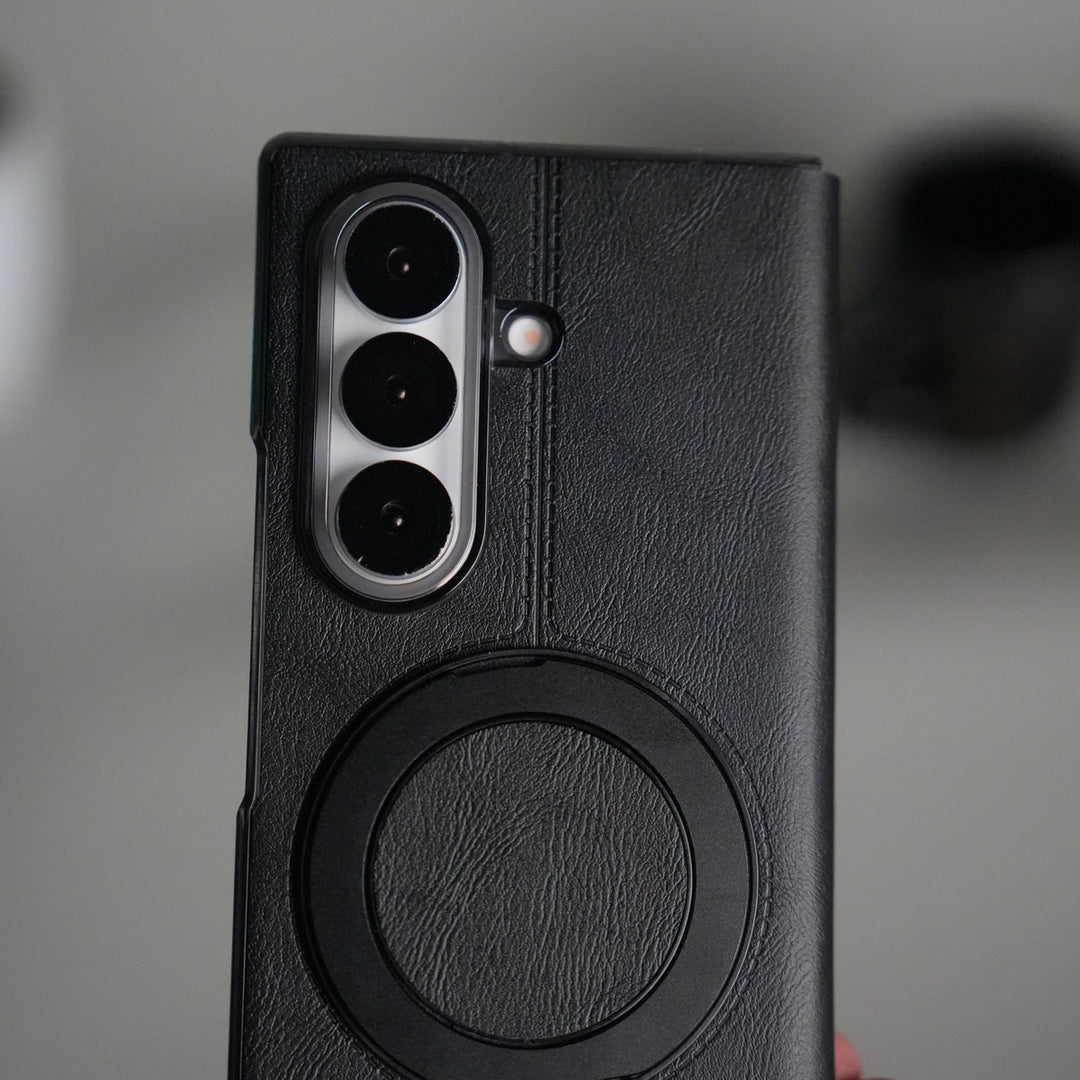 Galaxy Z Fold 7 Luxury Leather Rotating Ring Stand Case