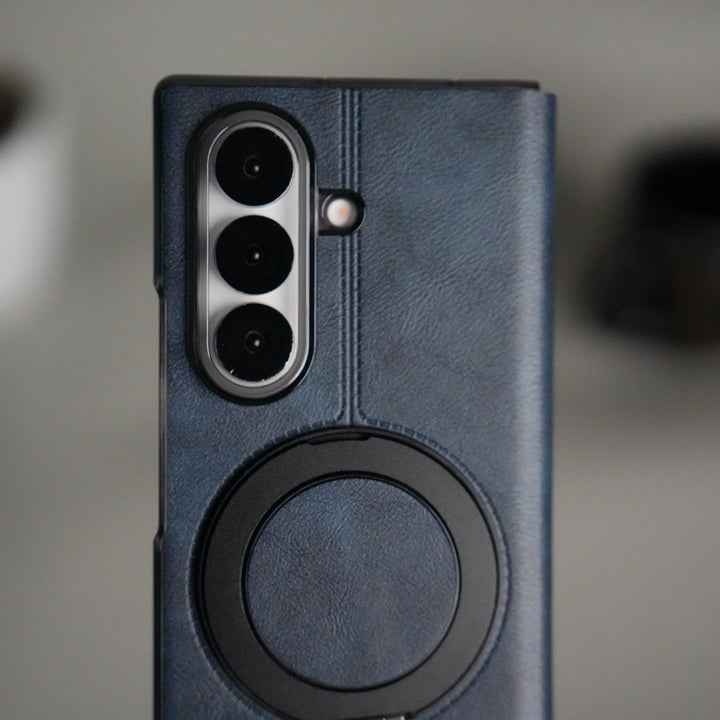 Galaxy Z Fold 7 Luxury Leather Rotating Ring Stand Case