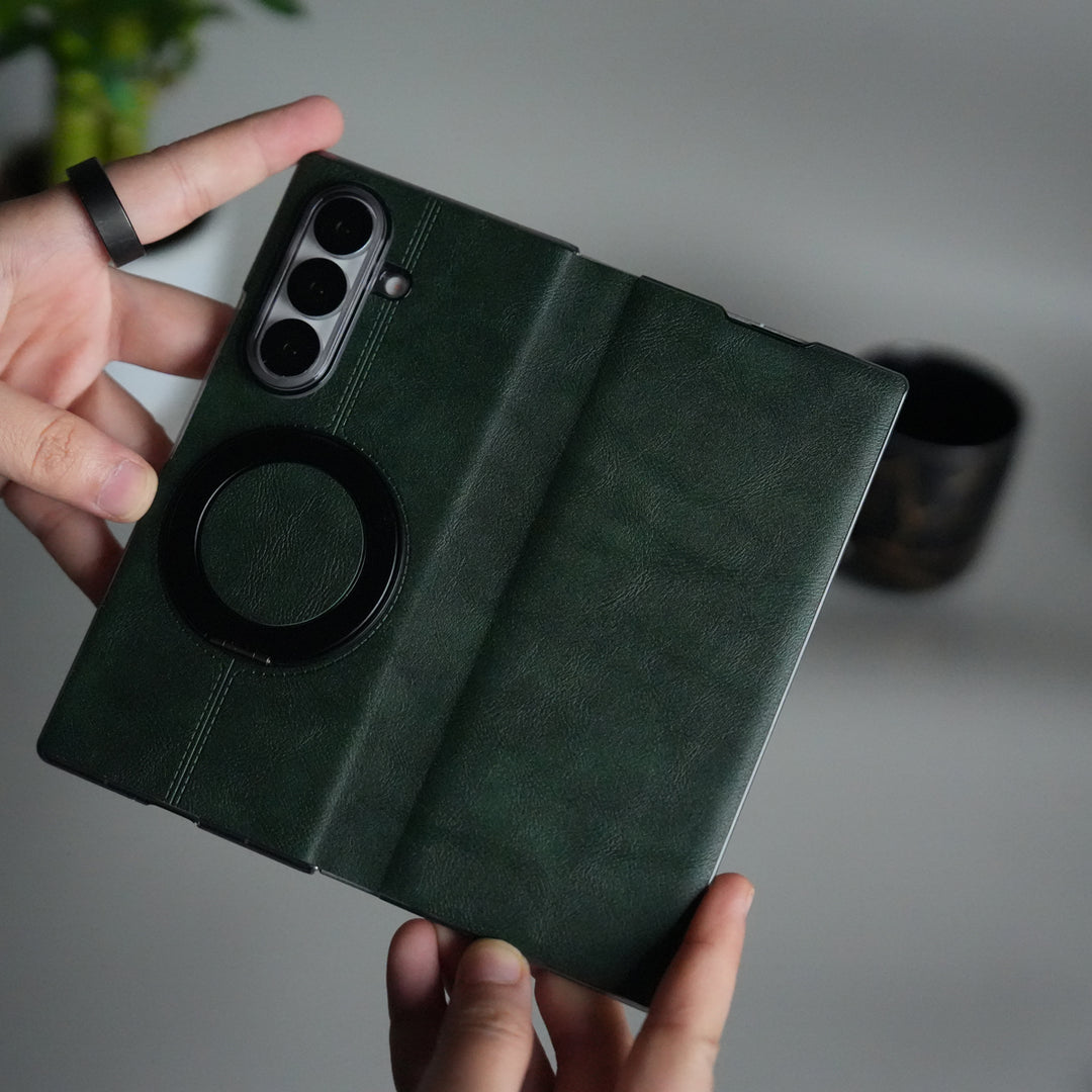 Galaxy Z Fold 7 Luxury Leather Rotating Ring Stand Case