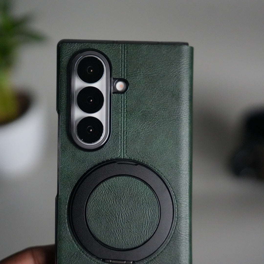 Galaxy Z Fold 7 Luxury Leather Rotating Ring Stand Case