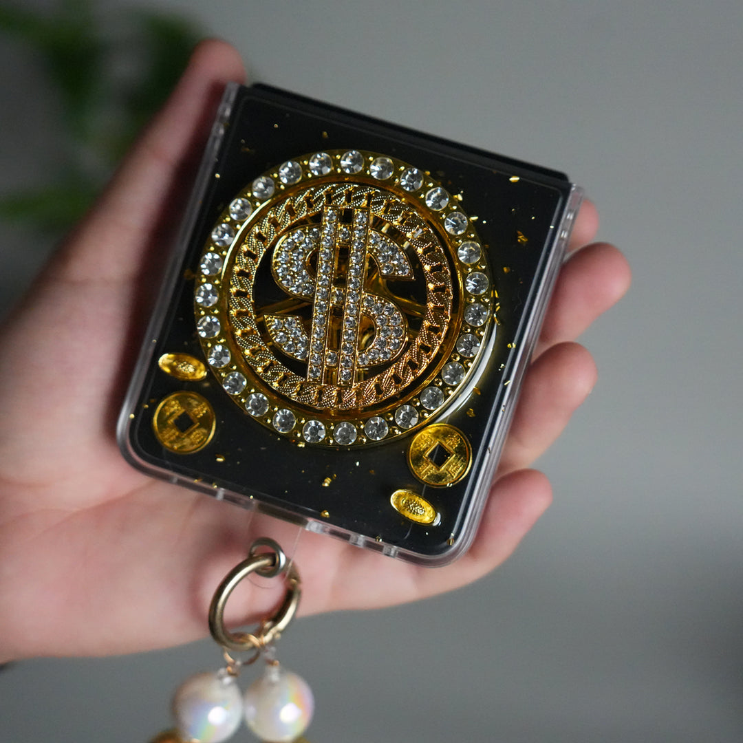 Galaxy Z Flip 7 Luxury Spinning Dollar Bling Case | Crystal Clear Cover with Pearl Strap