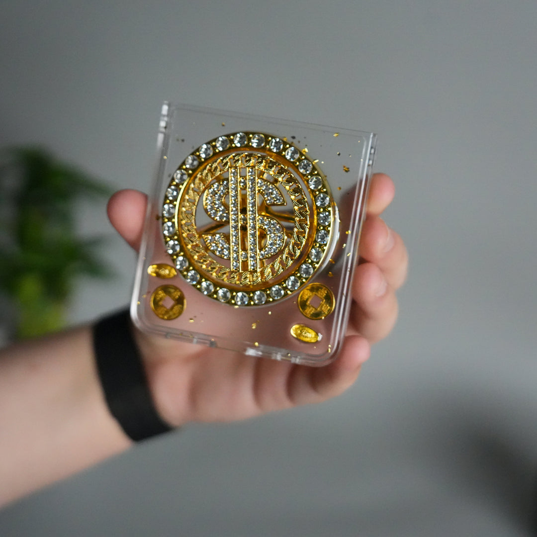 Galaxy Z Flip 7 Luxury Spinning Dollar Bling Case | Crystal Clear Cover with Pearl Strap