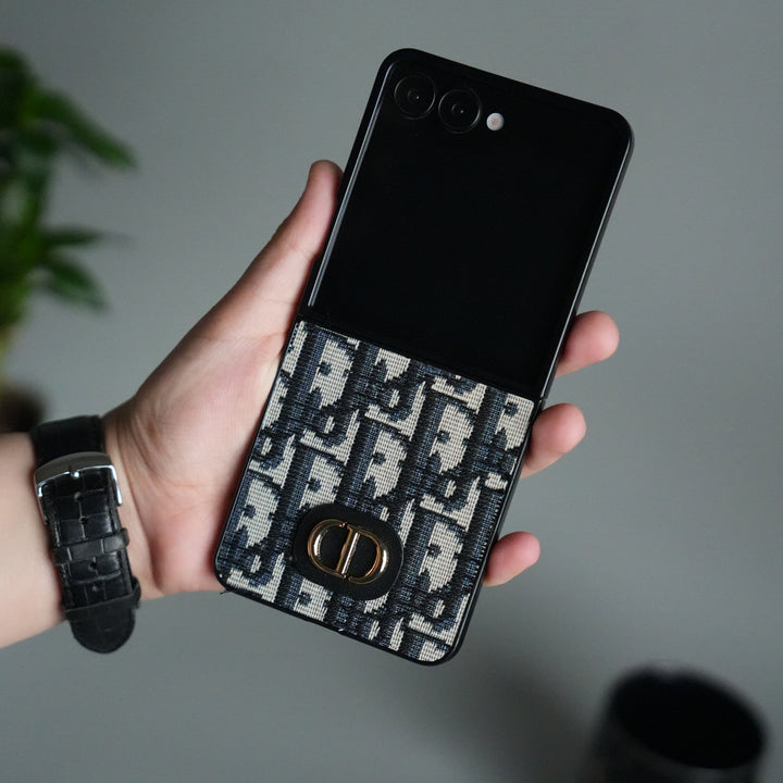 Samsung Galaxy Z Flip 7 Luxury Brand CD Embroidery Case Cover BLACK