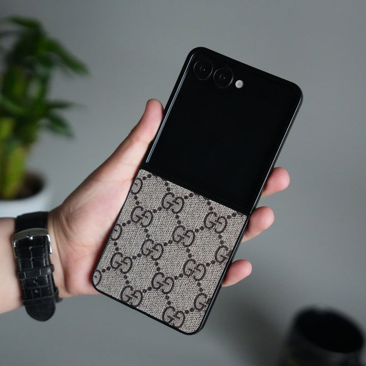 Samsung Galaxy Z Flip 7 Luxury GG Pattern PU Leather Case Cover (Beige)