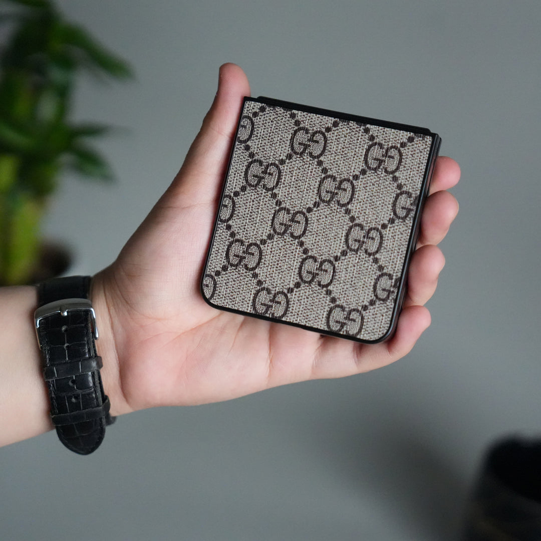 Samsung Galaxy Z Flip 7 Luxury GG Pattern PU Leather Case Cover (Beige)