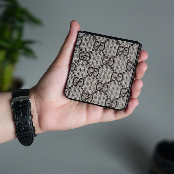 Samsung Galaxy Z Flip 7 Luxury GG Pattern PU Leather Case Cover (Beige)