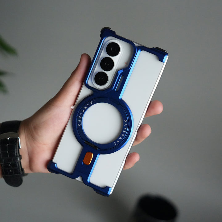 Galaxy Z Fold 7 Metal Frameless Bumper Case | Blue Aluminum Protective Cover with 360° Rotating Stand