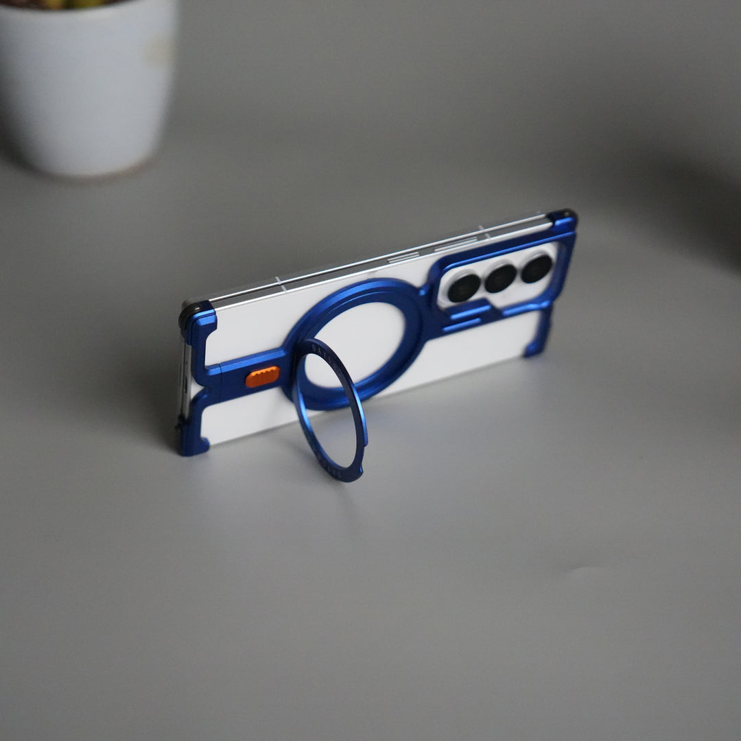 Galaxy Z Fold 7 Metal Frameless Bumper Case | Blue Aluminum Protective Cover with 360° Rotating Stand