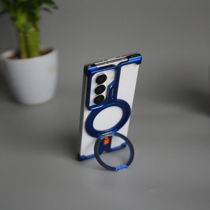 Galaxy Z Fold 7 Metal Frameless Bumper Case | Blue Aluminum Protective Cover with 360° Rotating Stand