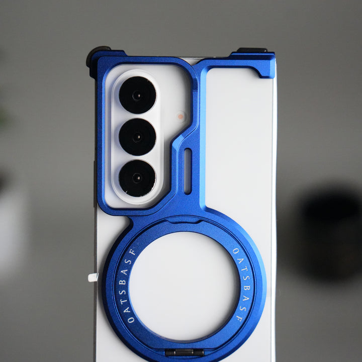 Galaxy Z Fold 7 Metal Frameless Bumper Case | Blue Aluminum Protective Cover with 360° Rotating Stand