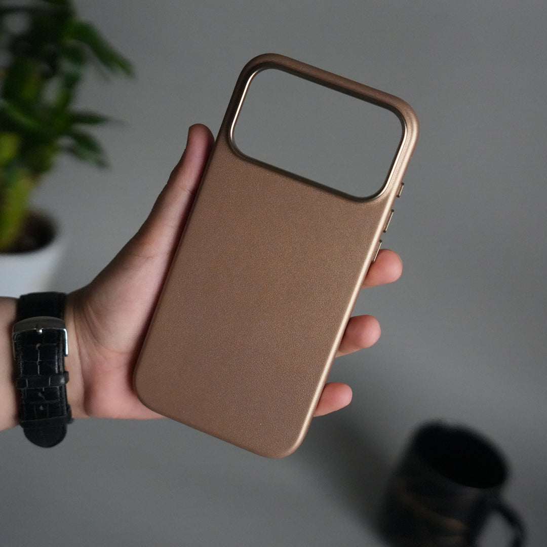 iPhone 17 Pro Premium PU Leather MagSafe Case | Metal Camera Frame Luxury Back Cover | Desert Gold