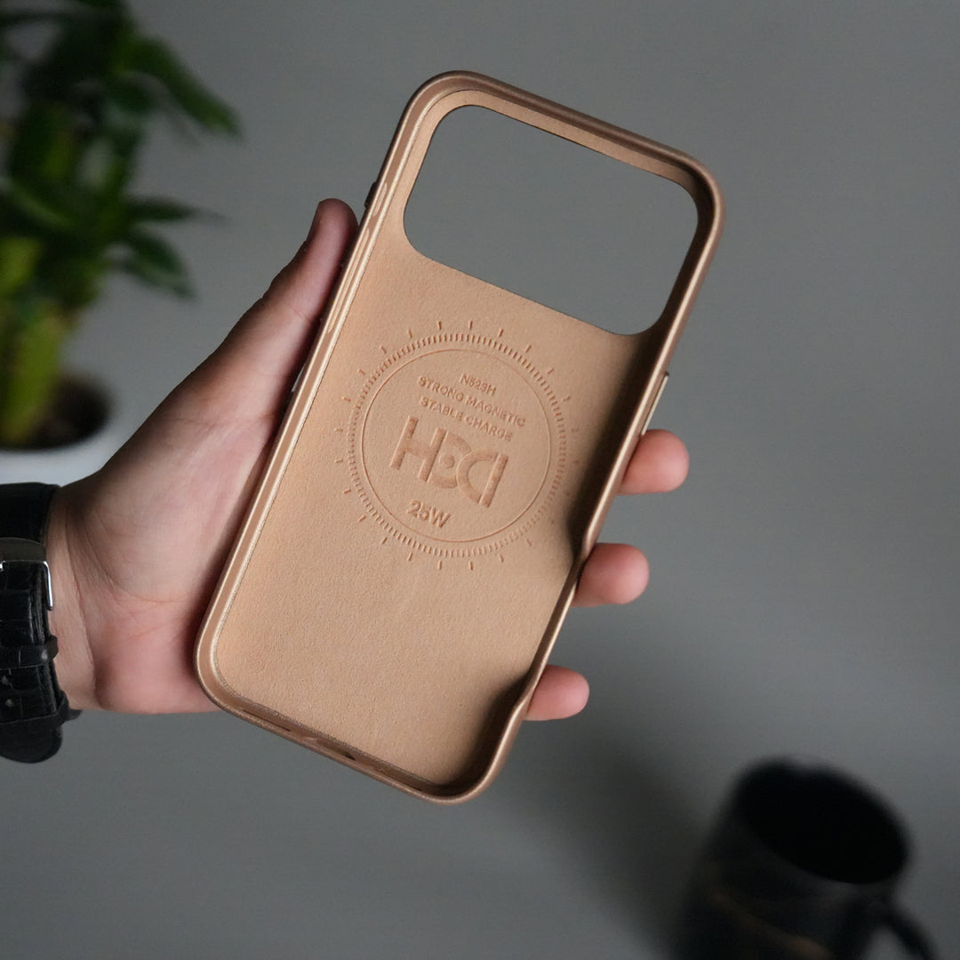 iPhone 17 Pro Premium PU Leather MagSafe Case | Metal Camera Frame Luxury Back Cover | Desert Gold