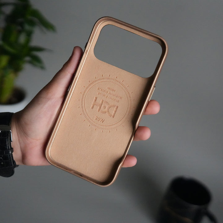 iPhone 17 Pro Premium PU Leather MagSafe Case | Metal Camera Frame Luxury Back Cover | Desert Gold