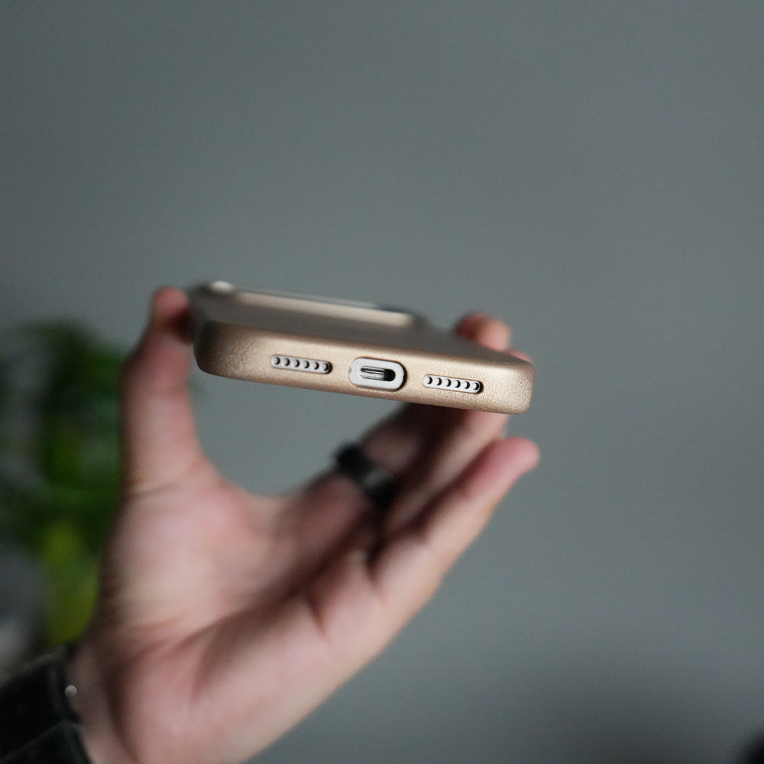 iPhone 17 Pro Premium PU Leather MagSafe Case | Metal Camera Frame Luxury Back Cover | Desert Gold