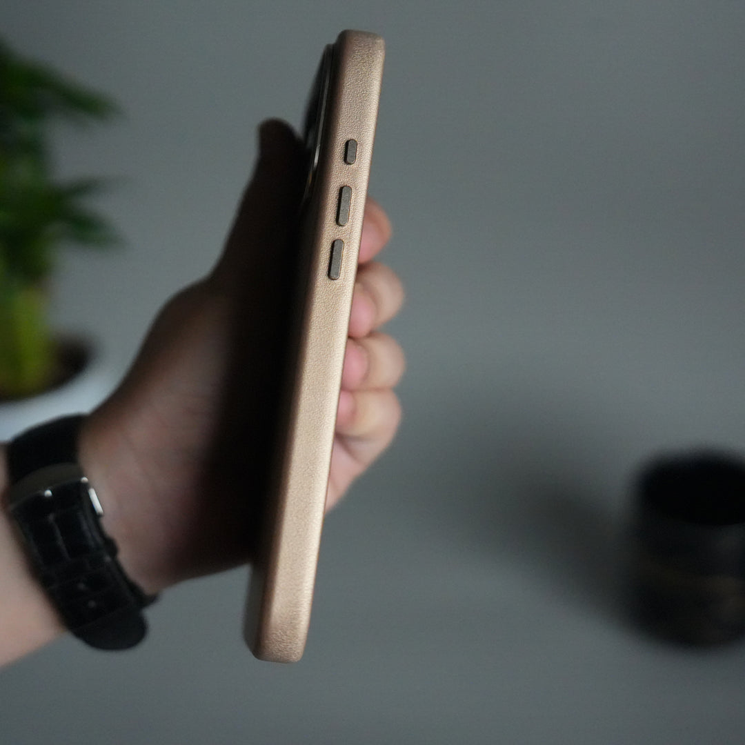 iPhone 17 Pro Premium PU Leather MagSafe Case | Metal Camera Frame Luxury Back Cover | Desert Gold