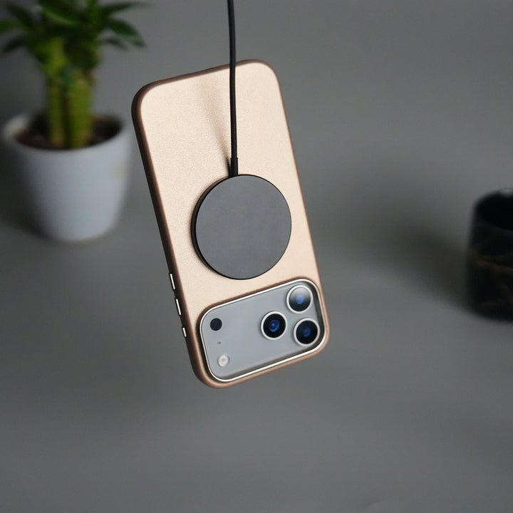 iPhone 17 Pro Premium PU Leather MagSafe Case | Metal Camera Frame Luxury Back Cover | Desert Gold
