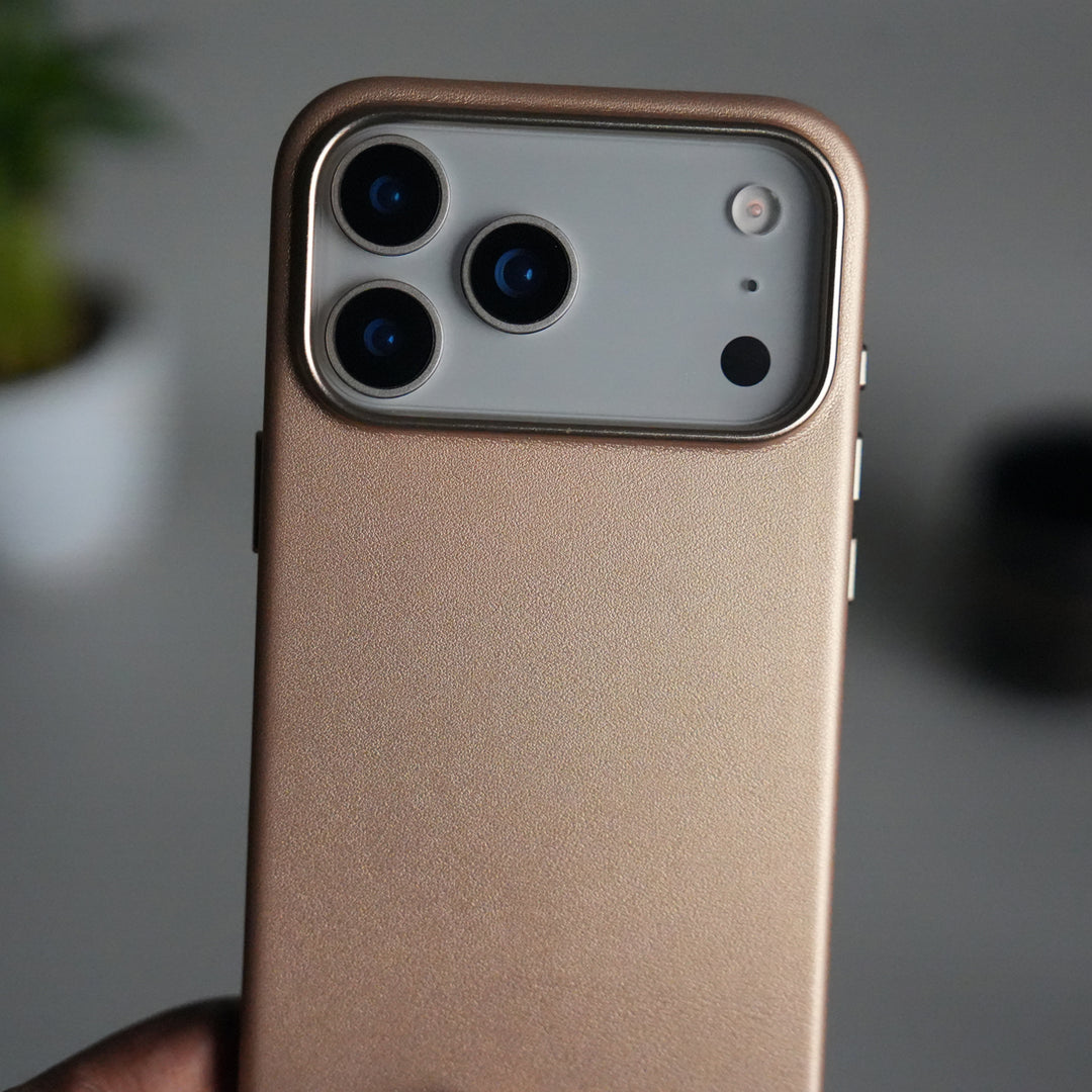 iPhone 17 Pro Premium PU Leather MagSafe Case | Metal Camera Frame Luxury Back Cover | Desert Gold
