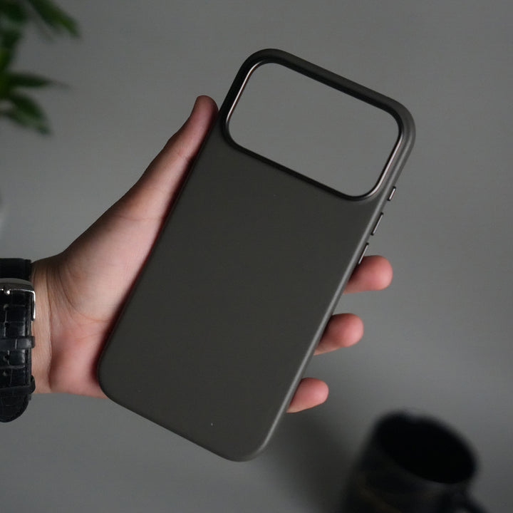 iPhone 17 Pro Premium PU Leather MagSafe Case | Metal Camera Frame Luxury Back Cover | Dark Gray