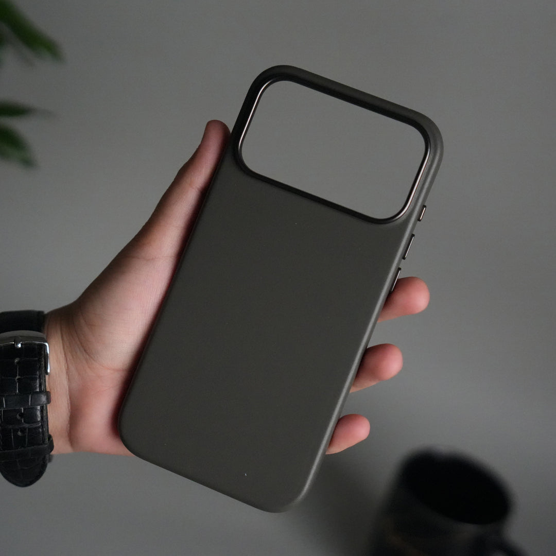 iPhone 17 Pro Premium PU Leather MagSafe Case | Metal Camera Frame Luxury Back Cover | Dark Gray