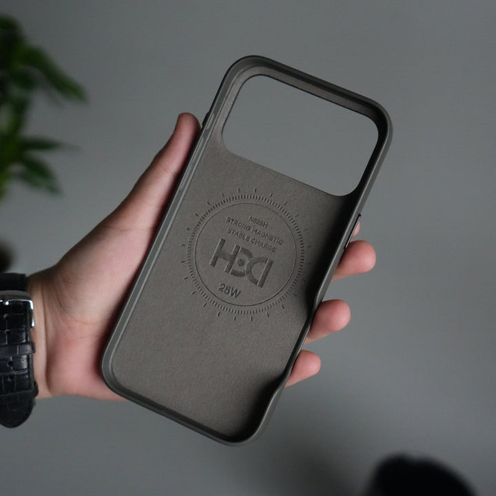 iPhone 17 Pro Premium PU Leather MagSafe Case | Metal Camera Frame Luxury Back Cover | Dark Gray