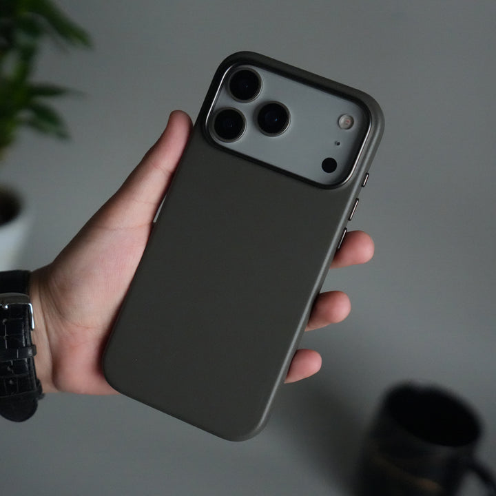 iPhone 17 Pro Premium PU Leather MagSafe Case | Metal Camera Frame Luxury Back Cover | Dark Gray