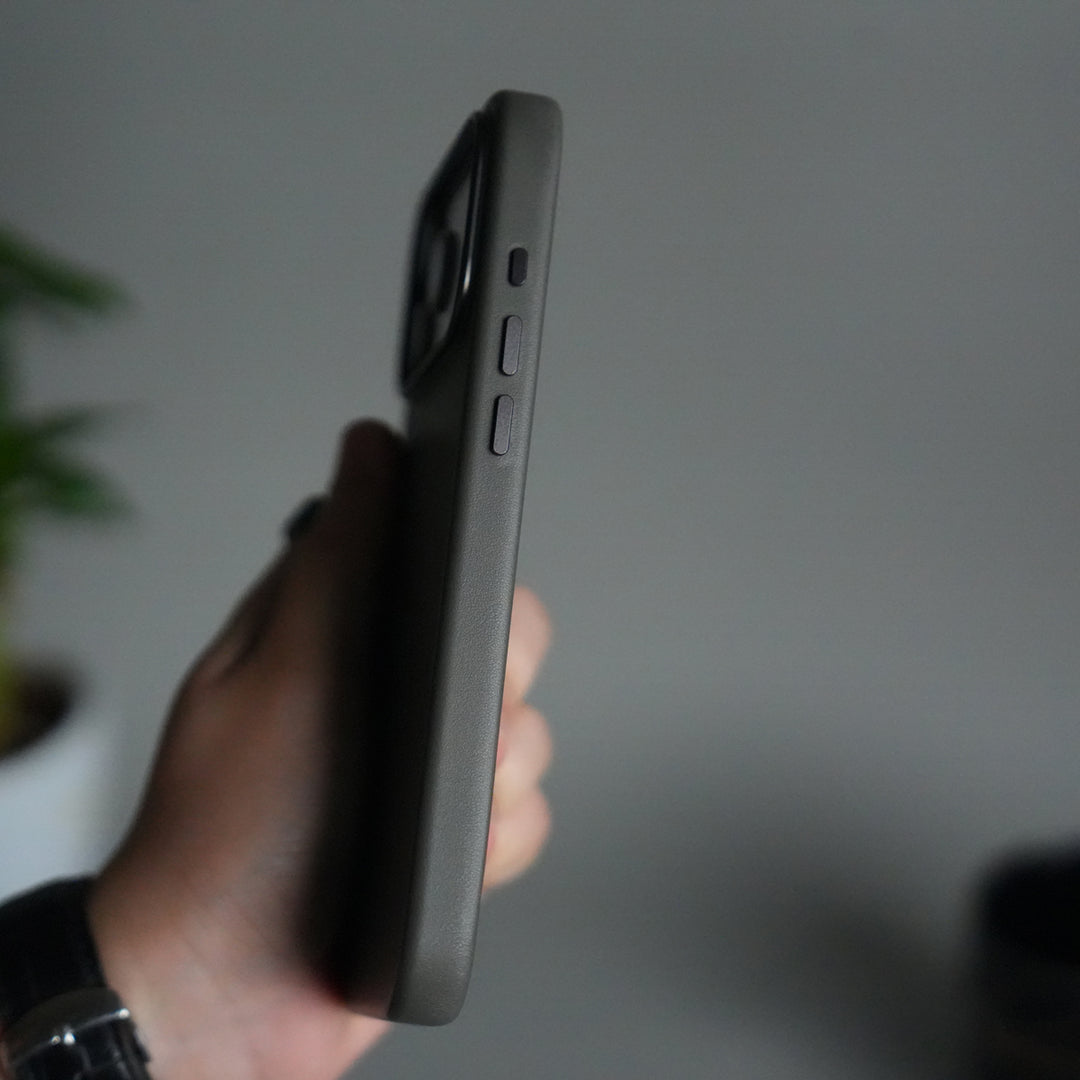 iPhone 17 Pro Premium PU Leather MagSafe Case | Metal Camera Frame Luxury Back Cover | Dark Gray