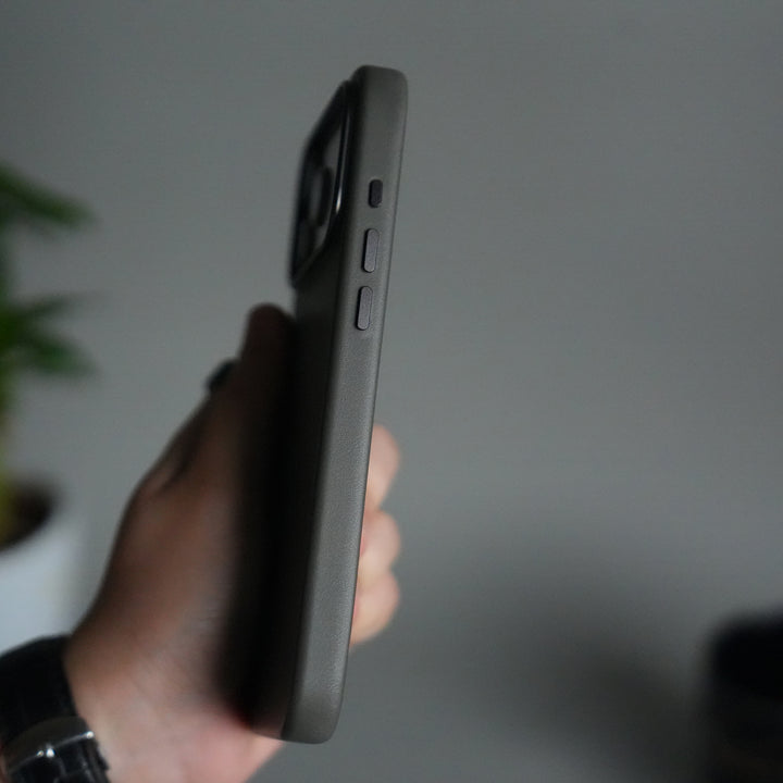 iPhone 17 Pro Premium PU Leather MagSafe Case | Metal Camera Frame Luxury Back Cover | Dark Gray