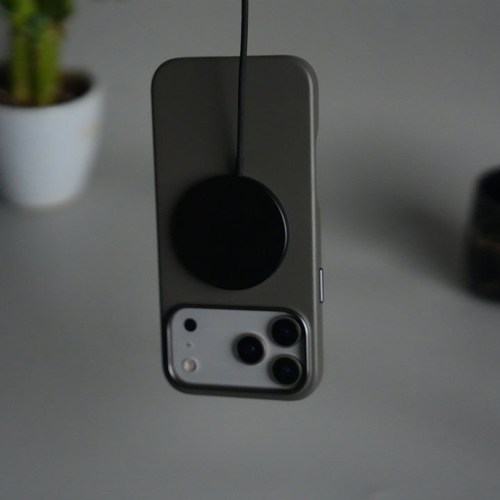 iPhone 17 Pro Premium PU Leather MagSafe Case | Metal Camera Frame Luxury Back Cover | Dark Gray