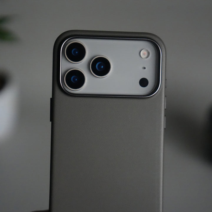 iPhone 17 Pro Premium PU Leather MagSafe Case | Metal Camera Frame Luxury Back Cover | Dark Gray