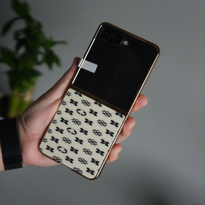 Galaxy Z Flip 7 Luxury Glossy Designer Glass Case | Gold Frame Cover with Front Glass