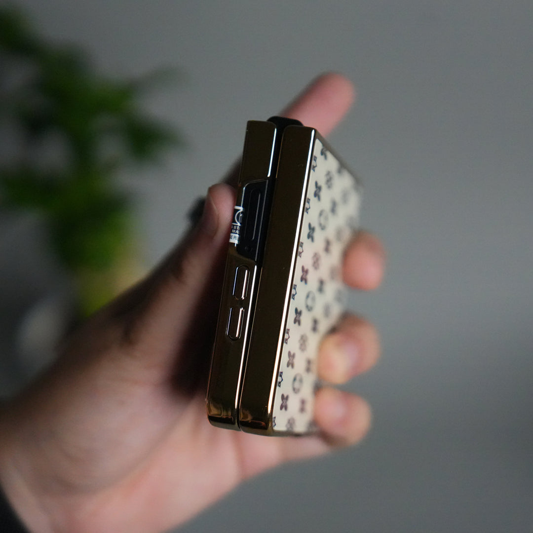 Galaxy Z Flip 7 Luxury Glossy Designer Glass Case | Gold Frame Cover with Front Glass