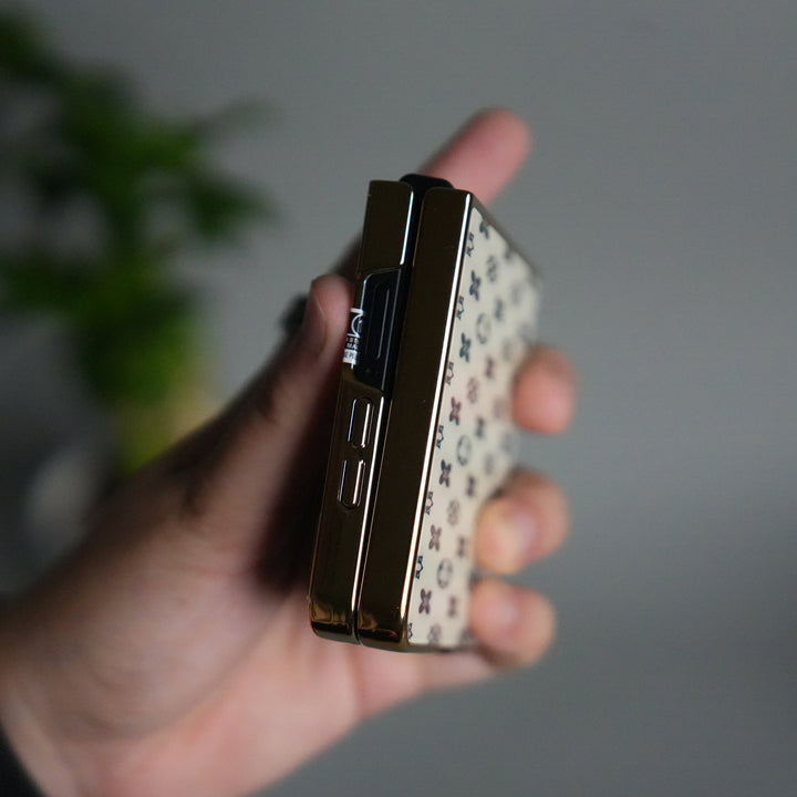 Galaxy Z Flip 7 Luxury Glossy Designer Glass Case | Gold Frame Cover with Front Glass