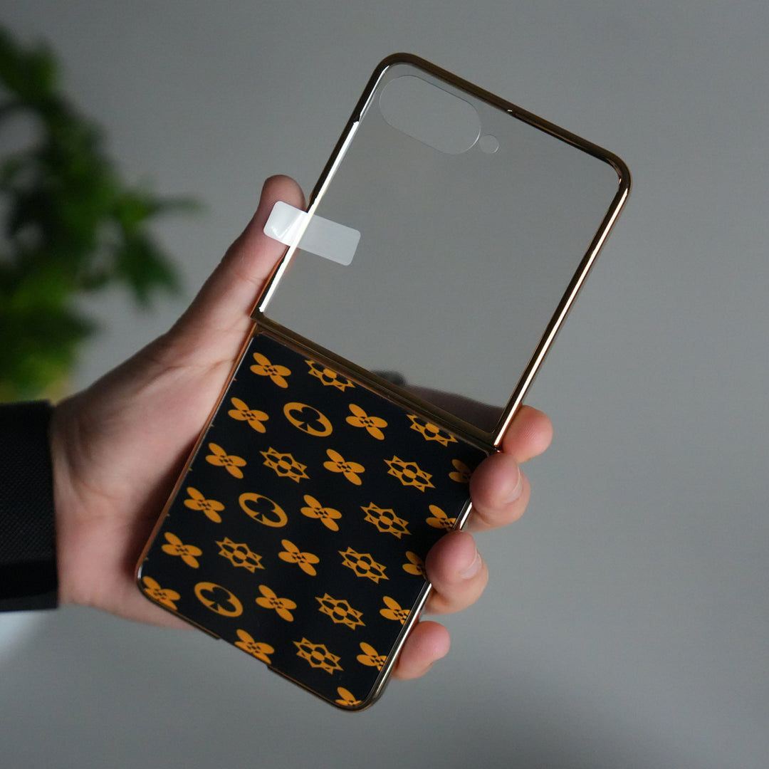Galaxy Z Flip 7 Luxury Glossy Designer Glass Case | Gold Frame Cover with Front Glass