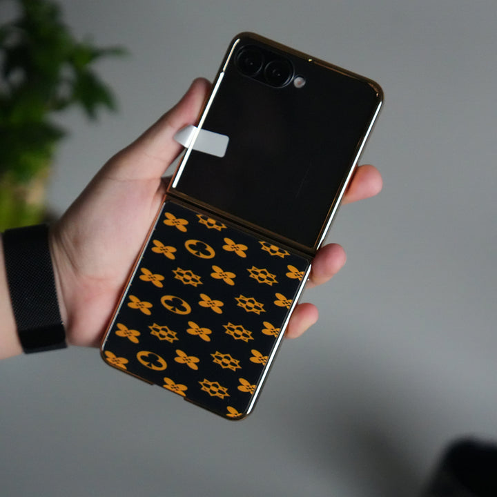 Galaxy Z Flip 7 Luxury Glossy Designer Glass Case | Gold Frame Cover with Front Glass