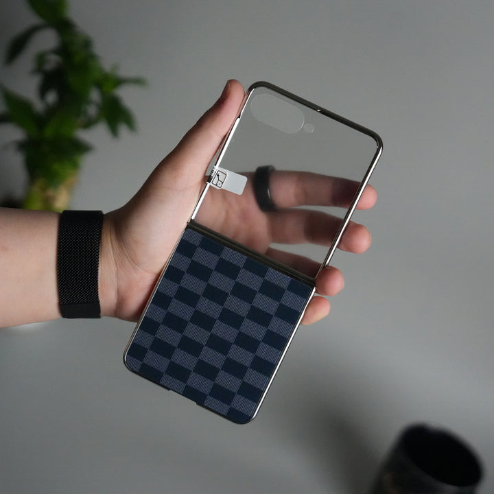 Galaxy Z Flip 7 Luxury Glossy Checks Designer Glass Case | Gold Frame Cover with Front Glass
