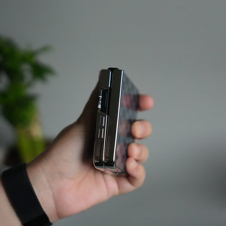 Galaxy Z Flip 7 Luxury Glossy Checks Designer Glass Case | Gold Frame Cover with Front Glass