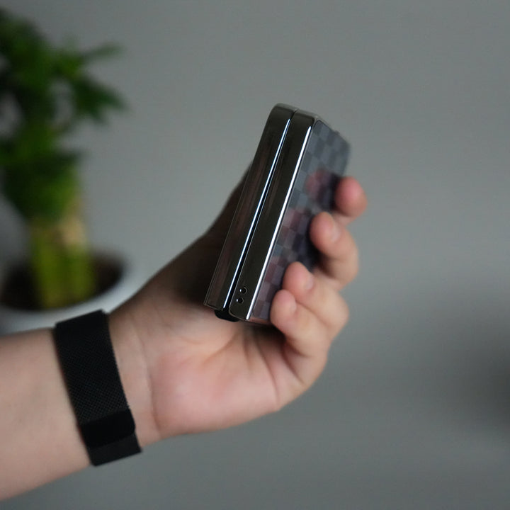 Galaxy Z Flip 7 Luxury Glossy Checks Designer Glass Case | Gold Frame Cover with Front Glass